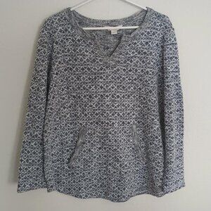 COLDWATER CREEK WOMEN'S SWEATER BLUE WHITE KANGAROO POCKET LONG SLEEVE SIZE L